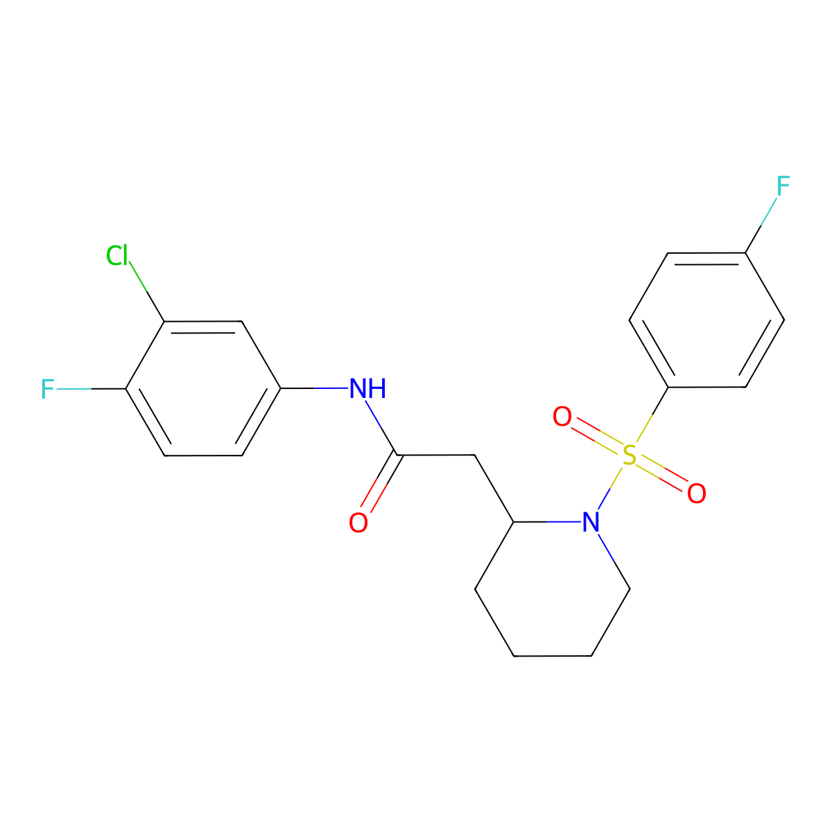 N-(3-chloro-4-fluorophenyl)-2-(1-((4-fluorophenyl)sulfonyl)piperidin-2-yl)acetamide molecular structure, CAS 1021041-41-7
