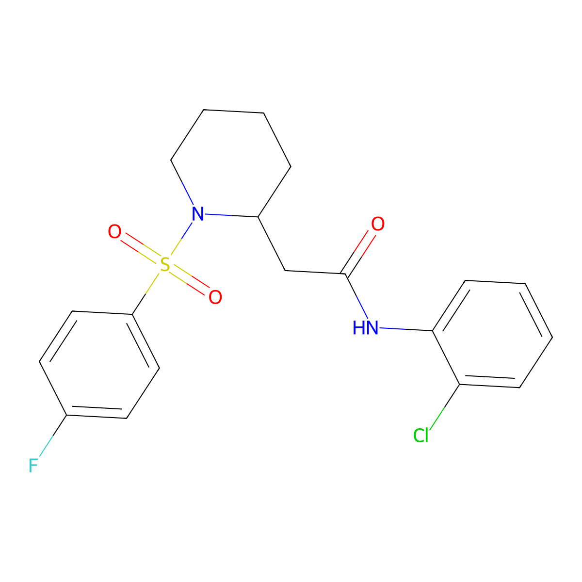 N-(2-chlorophenyl)-2-(1-((4-fluorophenyl)sulfonyl)piperidin-2-yl)acetamide molecular structure, CAS 1021041-61-1