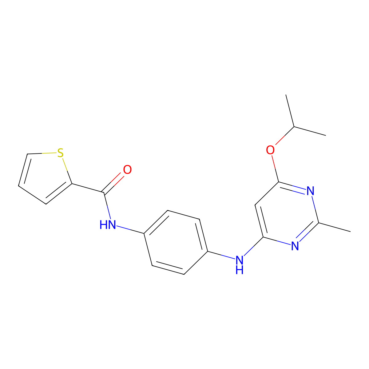 N-(4-((6-isopropoxy-2-methylpyrimidin-4-yl)amino)phenyl)thiophene-2-carboxamide molecular structure, CAS 1021042-00-1