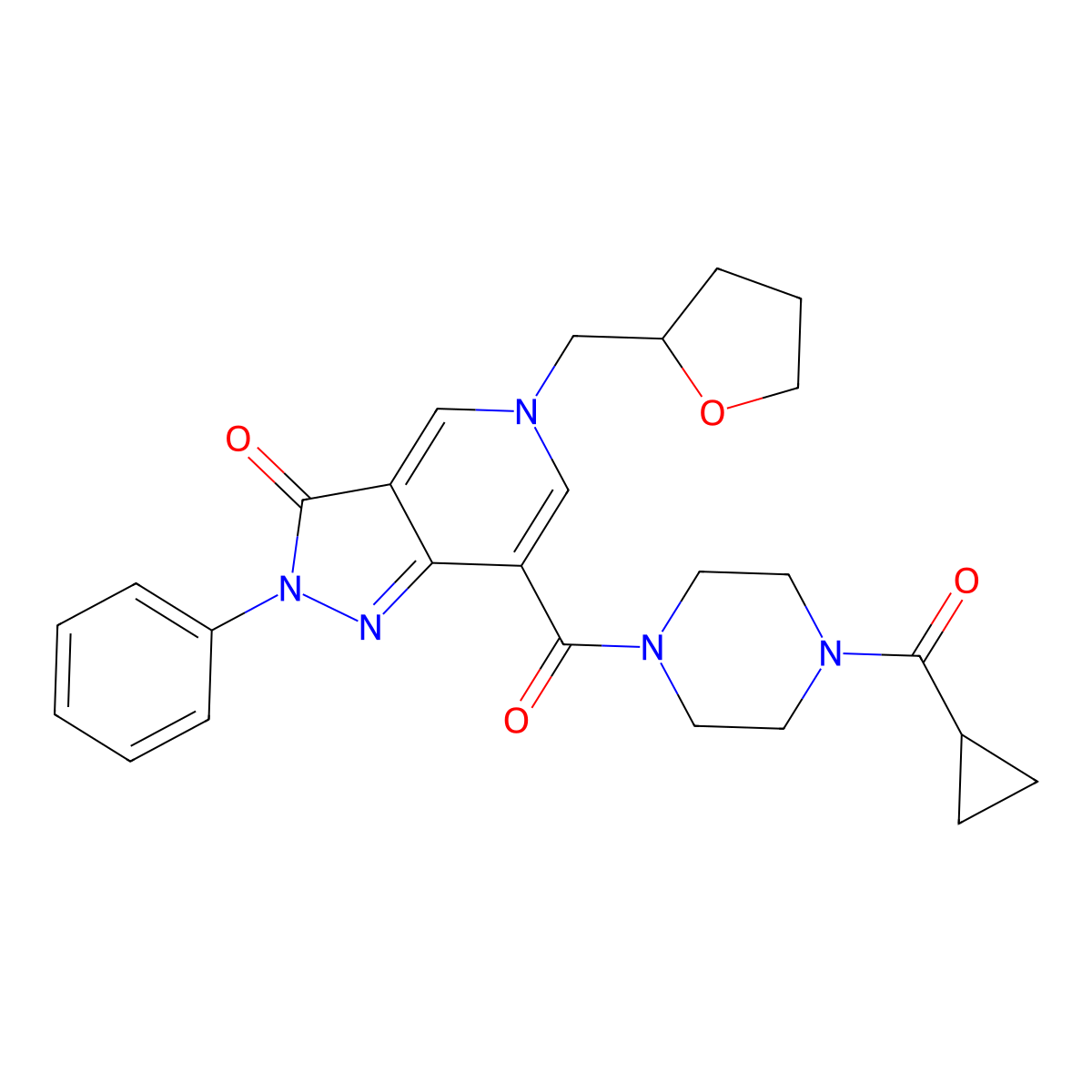 7-(4-(cyclopropanecarbonyl)piperazine-1-carbonyl)-2-phenyl-5-((tetrahydrofuran-2-yl)methyl)-2H-pyrazolo[4,3-c]pyridin-3(5H)-one molecular structure, CAS 1021044-95-0