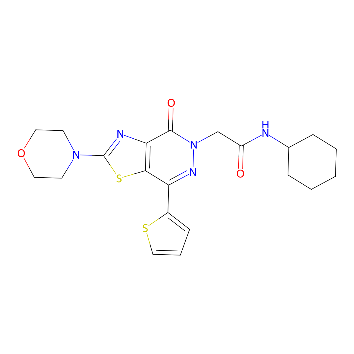 N-cyclohexyl-2-(2-morpholino-4-oxo-7-(thiophen-2-yl)thiazolo[4,5-d]pyridazin-5(4H)-yl)acetamide molecular structure, CAS 1021045-15-7