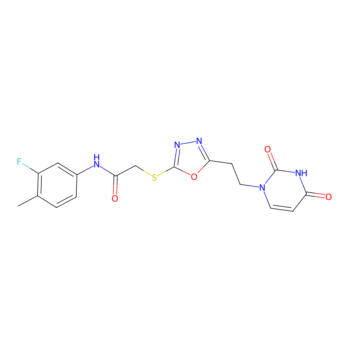 2-((5-(2-(2,4-dioxo-3,4-dihydropyrimidin-1(2H)-yl)ethyl)-1,3,4-oxadiazol-2-yl)thio)-N-(3-fluoro-4-methylphenyl)acetamide molecular structure, CAS 1021051-77-3