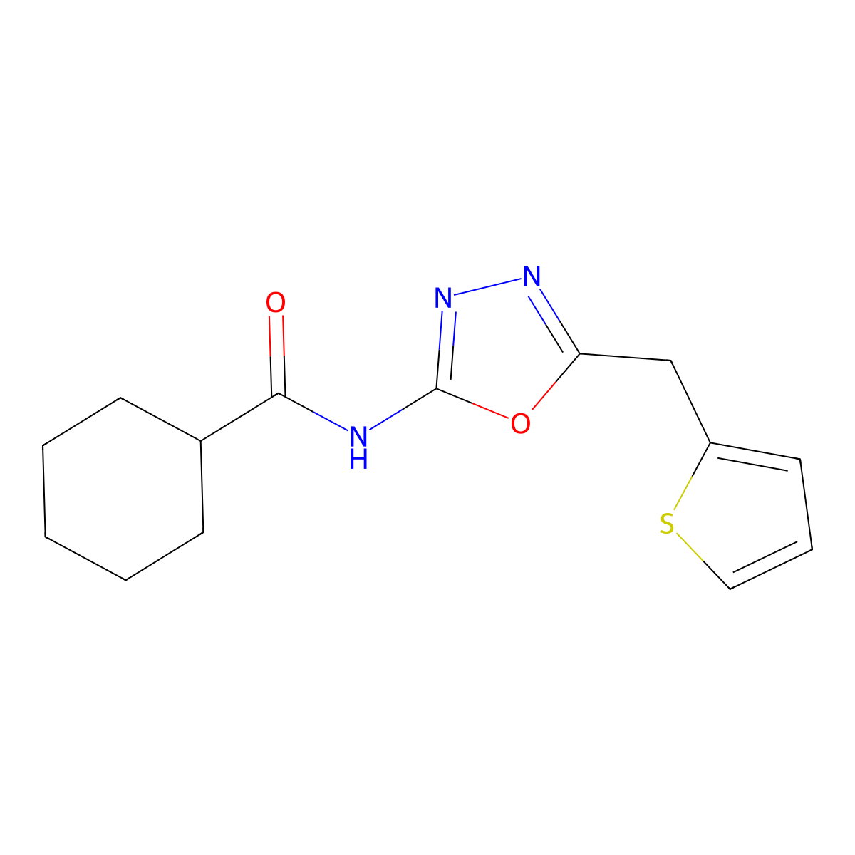 N-(5-(thiophen-2-ylmethyl)-1,3,4-oxadiazol-2-yl)cyclohexanecarboxamide molecular structure, CAS 1021051-87-5