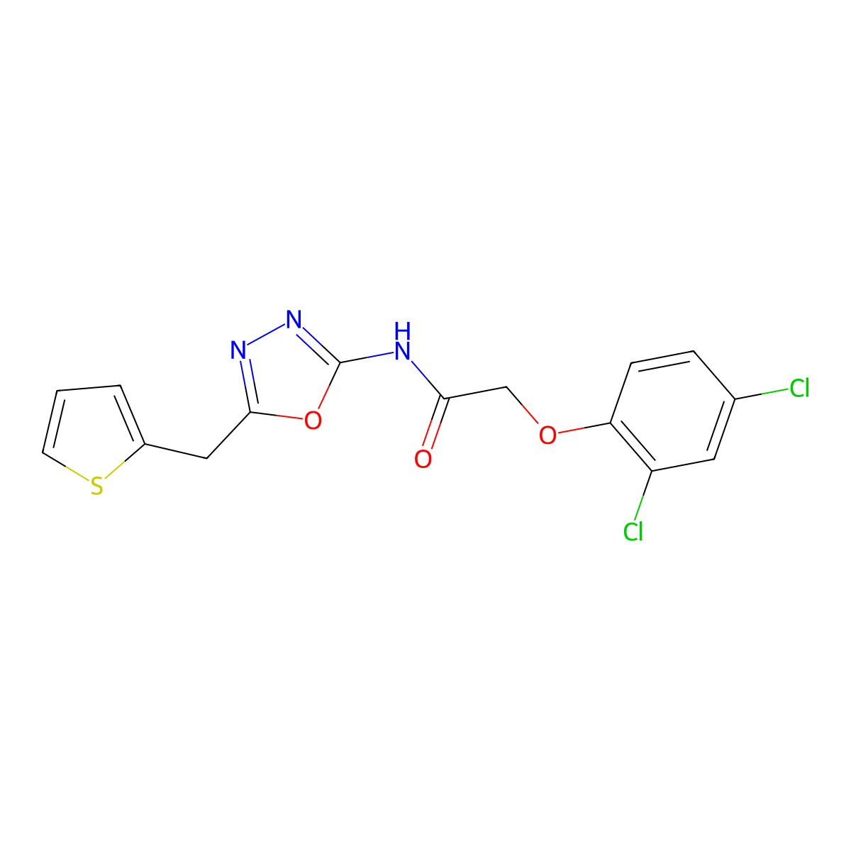 2-(2,4-dichlorophenoxy)-N-(5-(thiophen-2-ylmethyl)-1,3,4-oxadiazol-2-yl)acetamide molecular structure, CAS 1021051-89-7