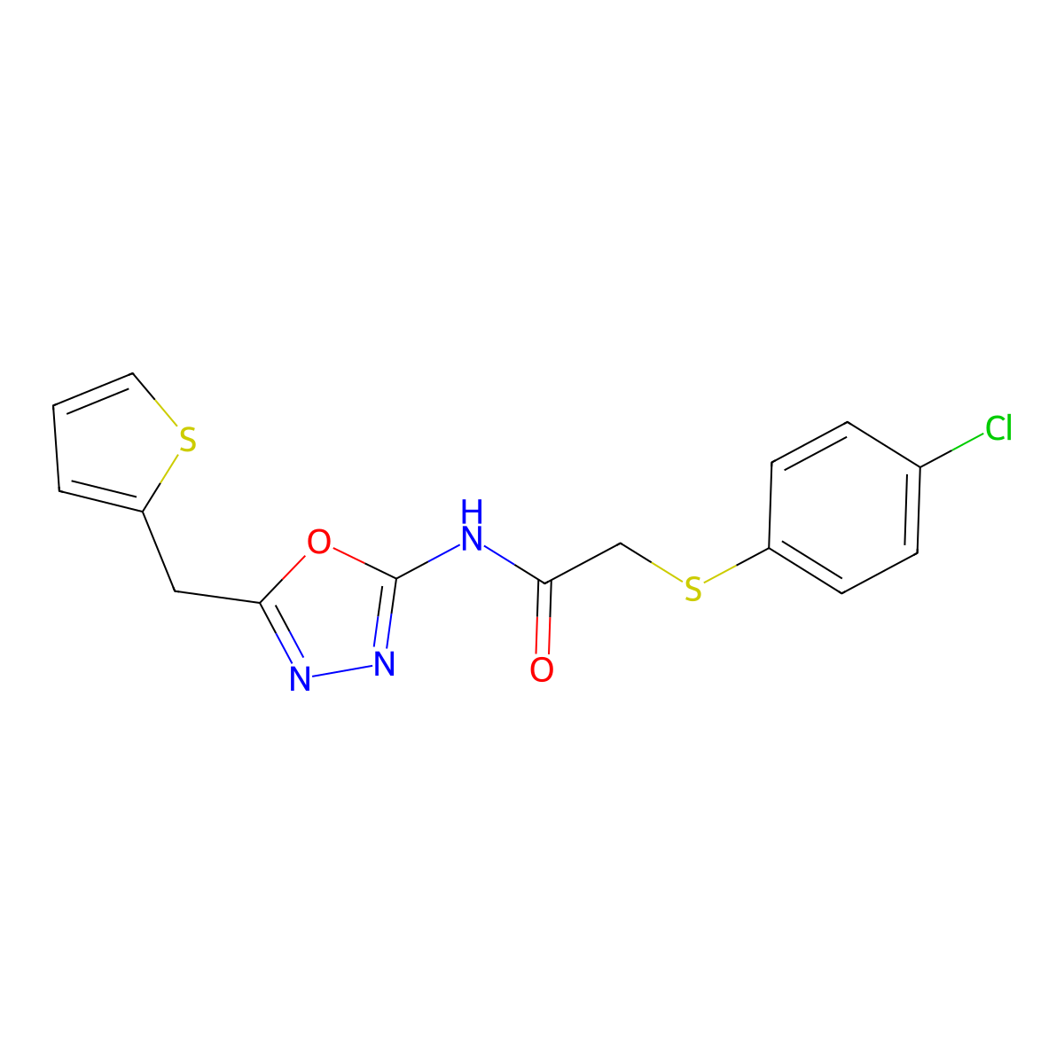 2-((4-chlorophenyl)thio)-N-(5-(thiophen-2-ylmethyl)-1,3,4-oxadiazol-2-yl)acetamide molecular structure, CAS 1021052-05-0