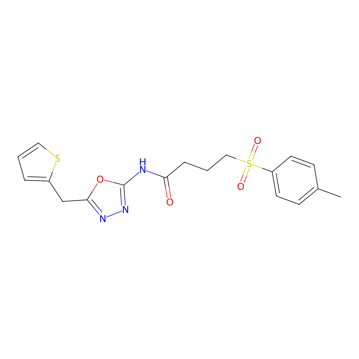 N-(5-(thiophen-2-ylmethyl)-1,3,4-oxadiazol-2-yl)-4-tosylbutanamide molecular structure, CAS 1021052-10-7