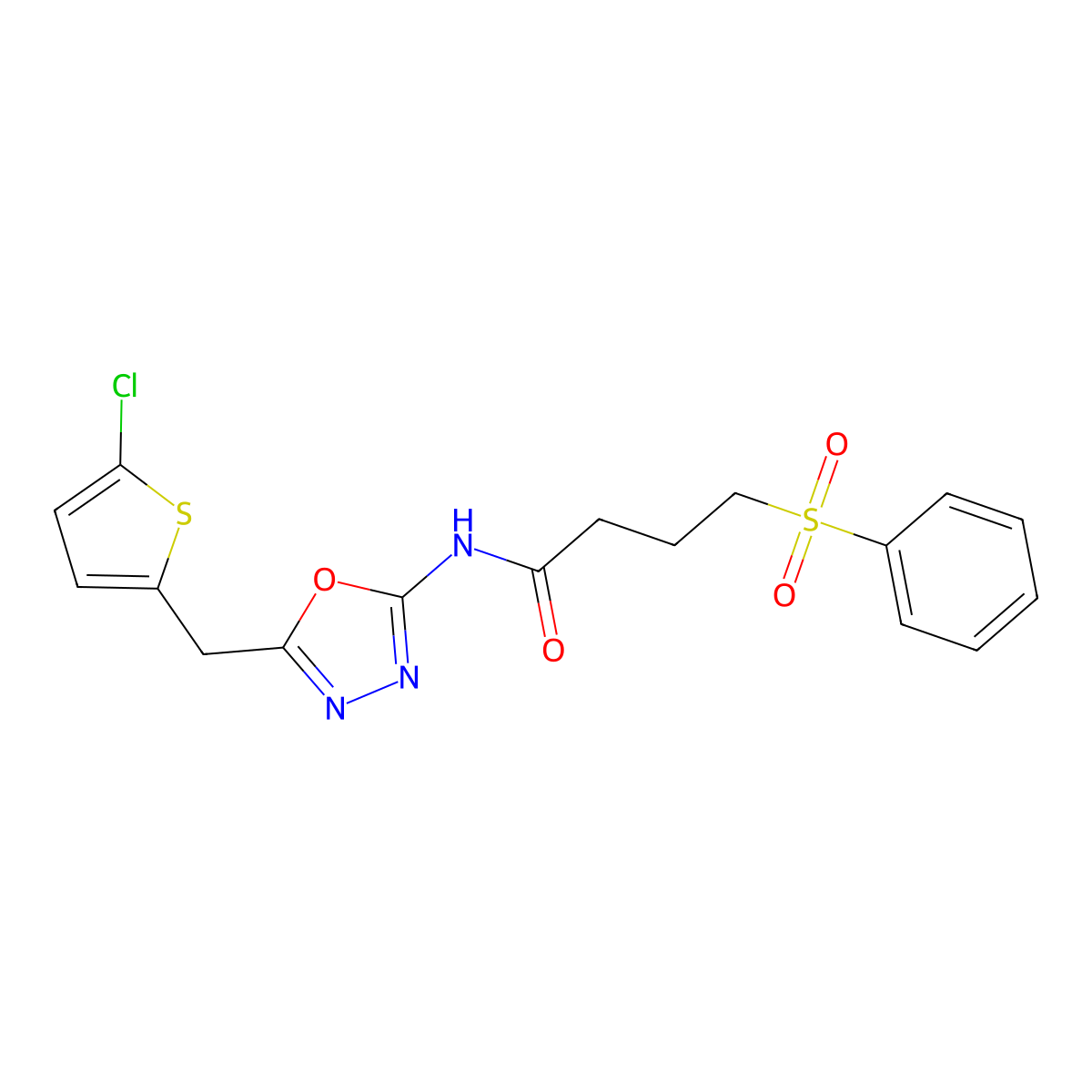N-(5-((5-chlorothiophen-2-yl)methyl)-1,3,4-oxadiazol-2-yl)-4-(phenylsulfonyl)butanamide molecular structure, CAS 1021052-18-5