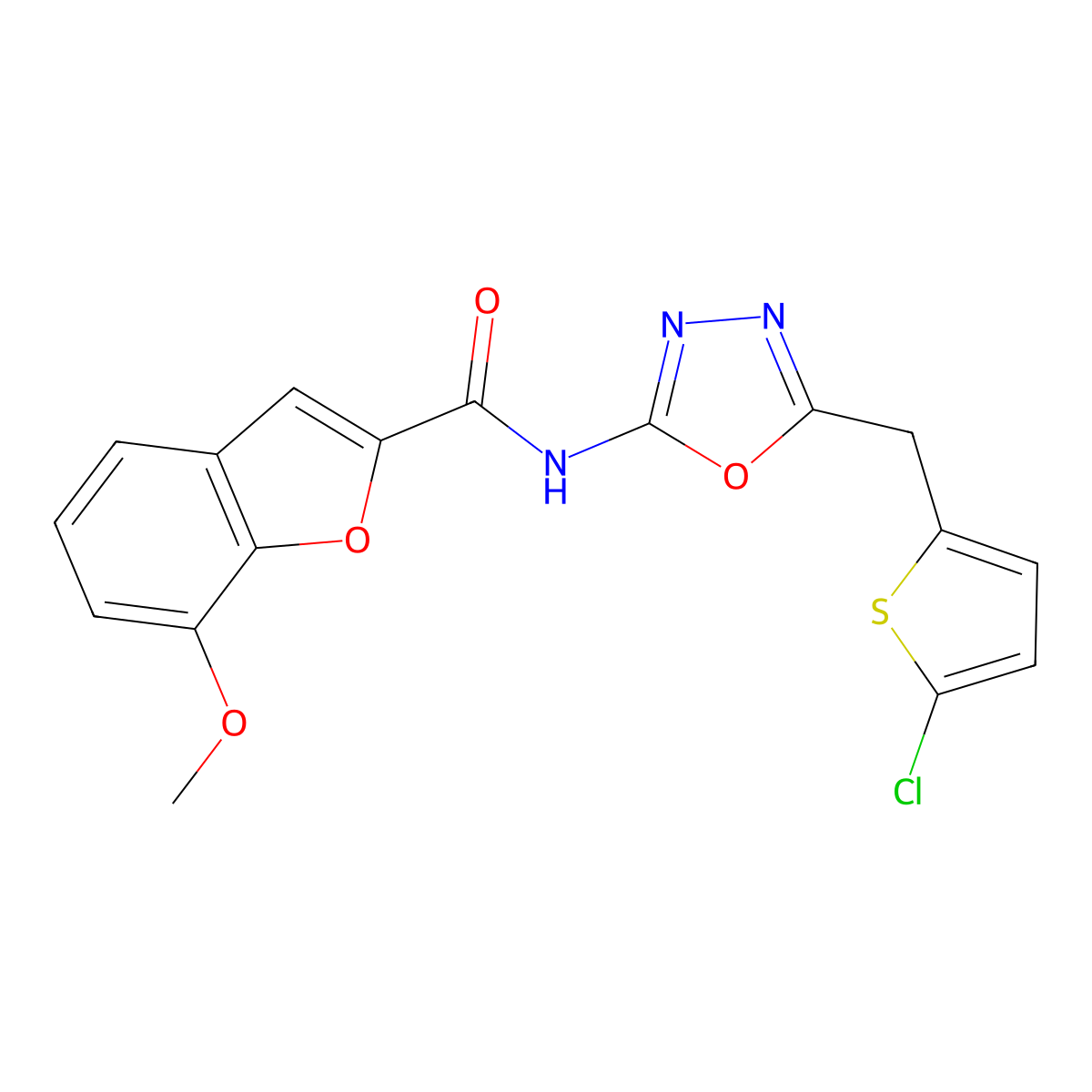 N-(5-((5-chlorothiophen-2-yl)methyl)-1,3,4-oxadiazol-2-yl)-7-methoxybenzofuran-2-carboxamide molecular structure, CAS 1021052-19-6