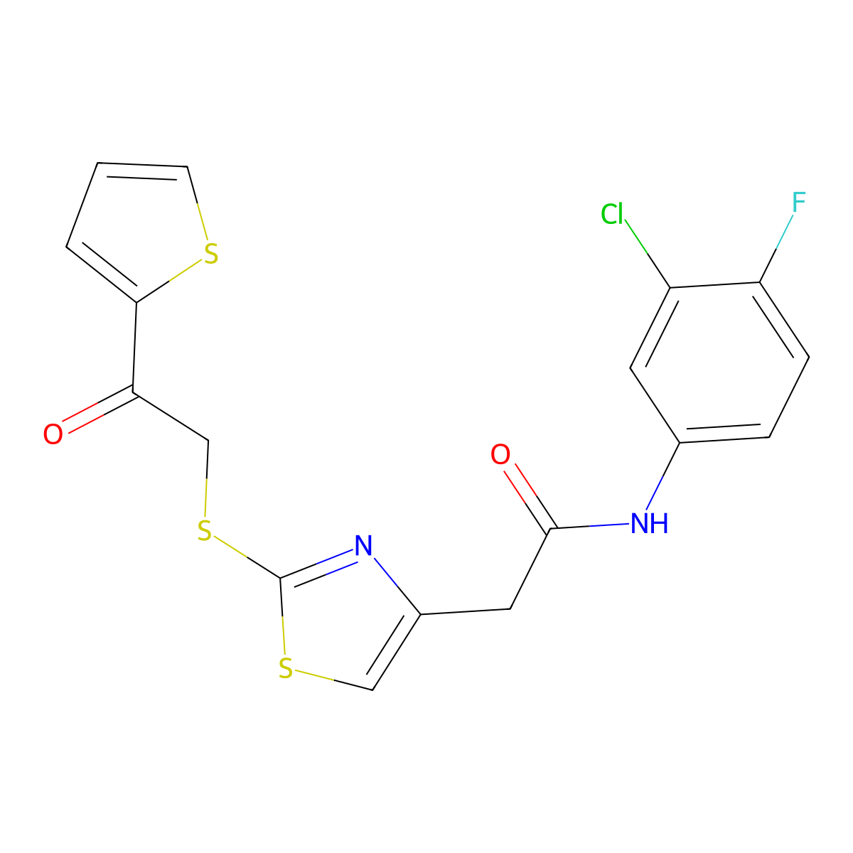 N-(3-chloro-4-fluorophenyl)-2-(2-((2-oxo-2-(thiophen-2-yl)ethyl)thio)thiazol-4-yl)acetamide molecular structure, CAS 1021052-56-1
