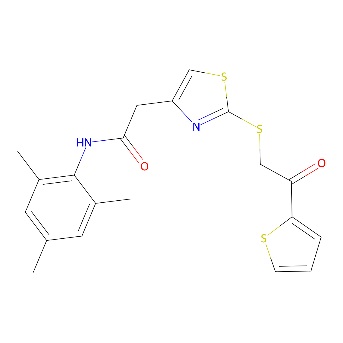N-mesityl-2-(2-((2-oxo-2-(thiophen-2-yl)ethyl)thio)thiazol-4-yl)acetamide molecular structure, CAS 1021052-59-4