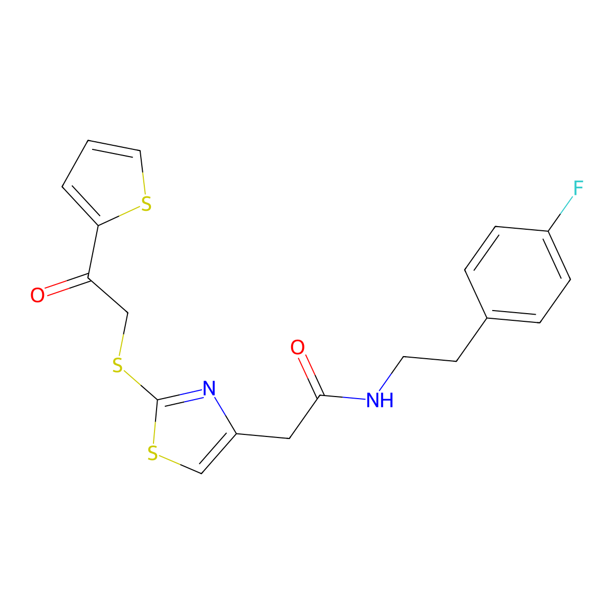 N-(4-fluorophenethyl)-2-(2-((2-oxo-2-(thiophen-2-yl)ethyl)thio)thiazol-4-yl)acetamide molecular structure, CAS 1021052-64-1
