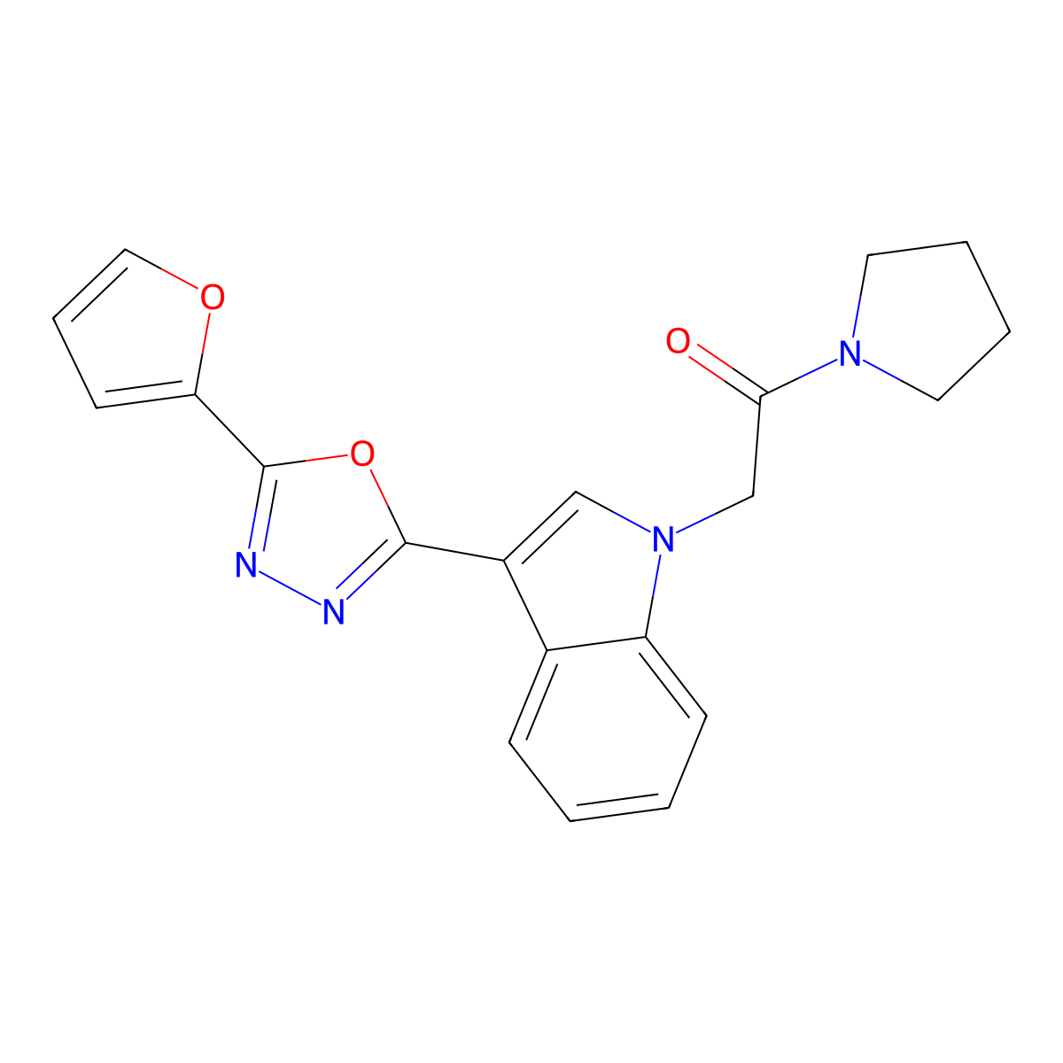2-(3-(5-(furan-2-yl)-1,3,4-oxadiazol-2-yl)-1H-indol-1-yl)-1-(pyrrolidin-1-yl)ethanone molecular structure, CAS 1021054-51-2