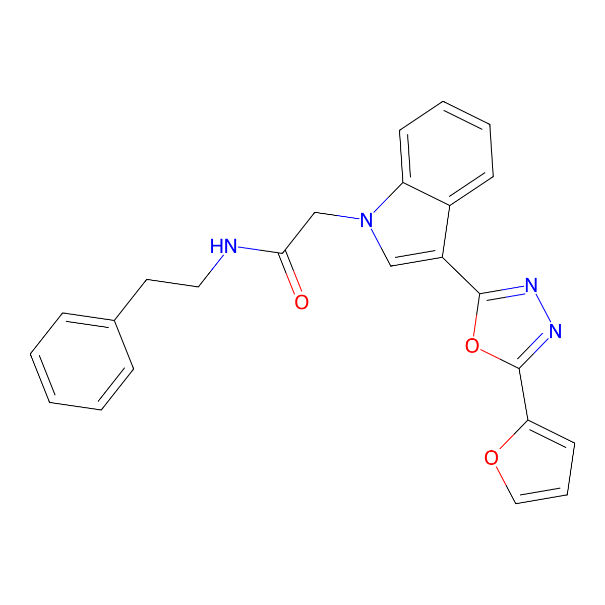 2-(3-(5-(furan-2-yl)-1,3,4-oxadiazol-2-yl)-1H-indol-1-yl)-N-phenethylacetamide molecular structure, CAS 1021054-61-4
