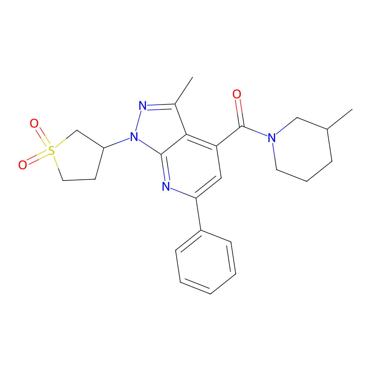 (1-(1,1-dioxidotetrahydrothiophen-3-yl)-3-methyl-6-phenyl-1H-pyrazolo[3,4-b]pyridin-4-yl)(3-methylpiperidin-1-yl)methanone molecular structure, CAS 1021054-89-6