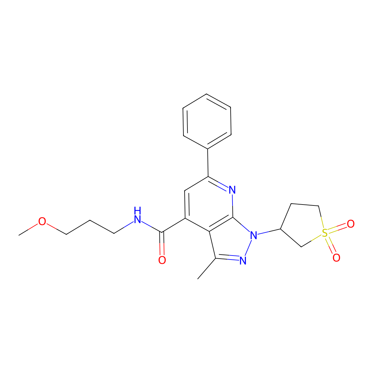 1-(1,1-dioxidotetrahydrothiophen-3-yl)-N-(3-methoxypropyl)-3-methyl-6-phenyl-1H-pyrazolo[3,4-b]pyridine-4-carboxamide molecular structure, CAS 1021054-91-0