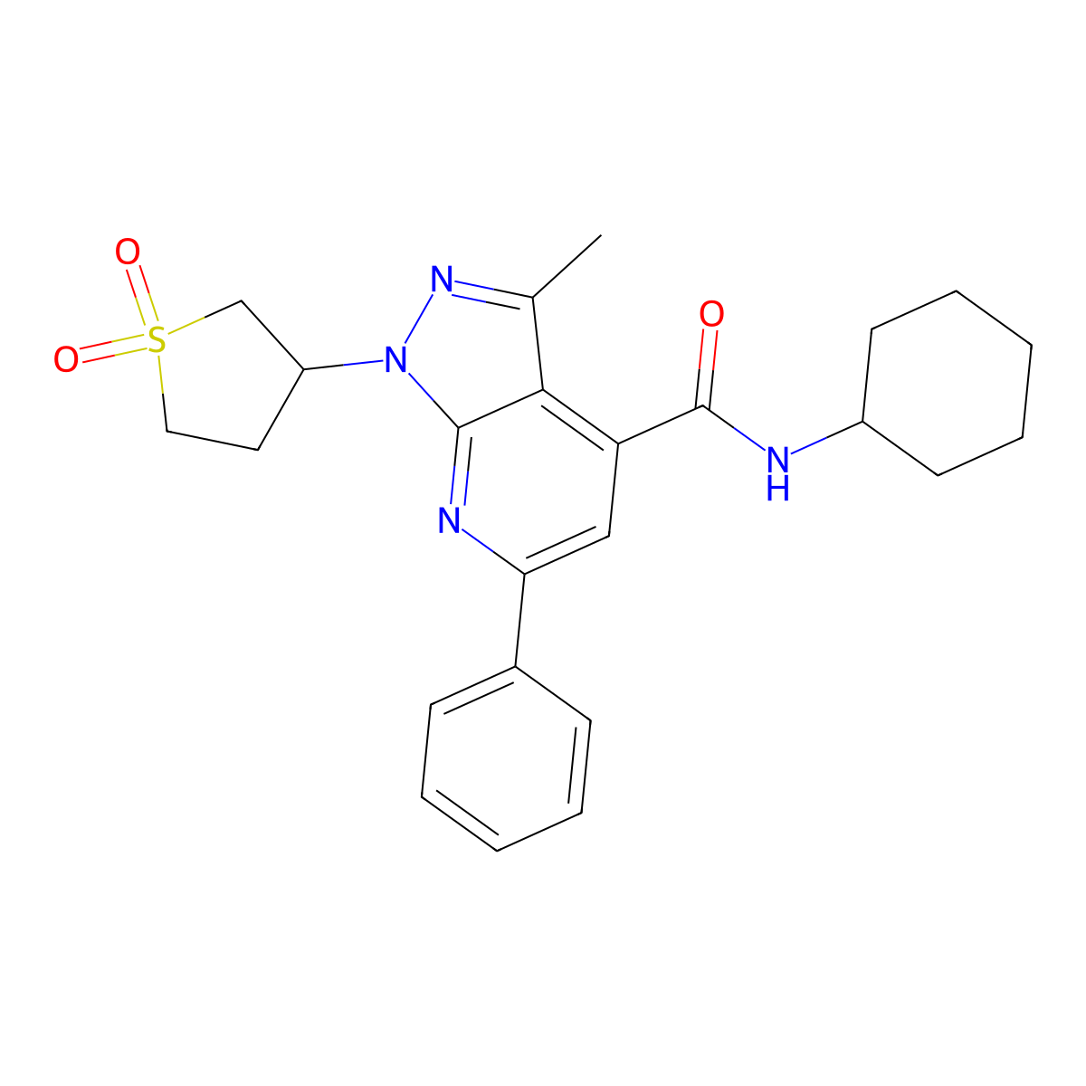 N-cyclohexyl-1-(1,1-dioxidotetrahydrothiophen-3-yl)-3-methyl-6-phenyl-1H-pyrazolo[3,4-b]pyridine-4-carboxamide molecular structure, CAS 1021054-93-2