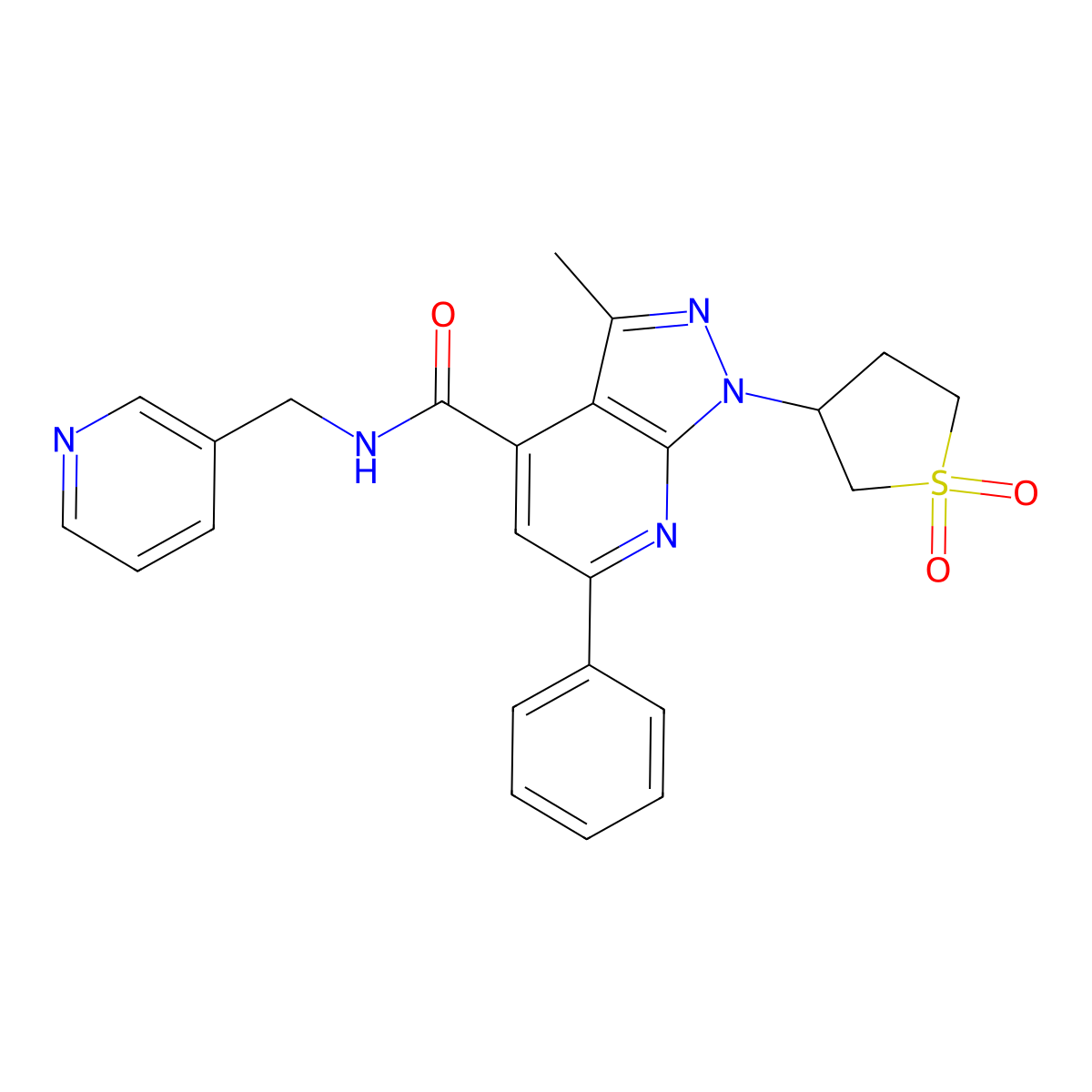1-(1,1-dioxidotetrahydrothiophen-3-yl)-3-methyl-6-phenyl-N-(pyridin-3-ylmethyl)-1H-pyrazolo[3,4-b]pyridine-4-carboxamide molecular structure, CAS 1021054-97-6