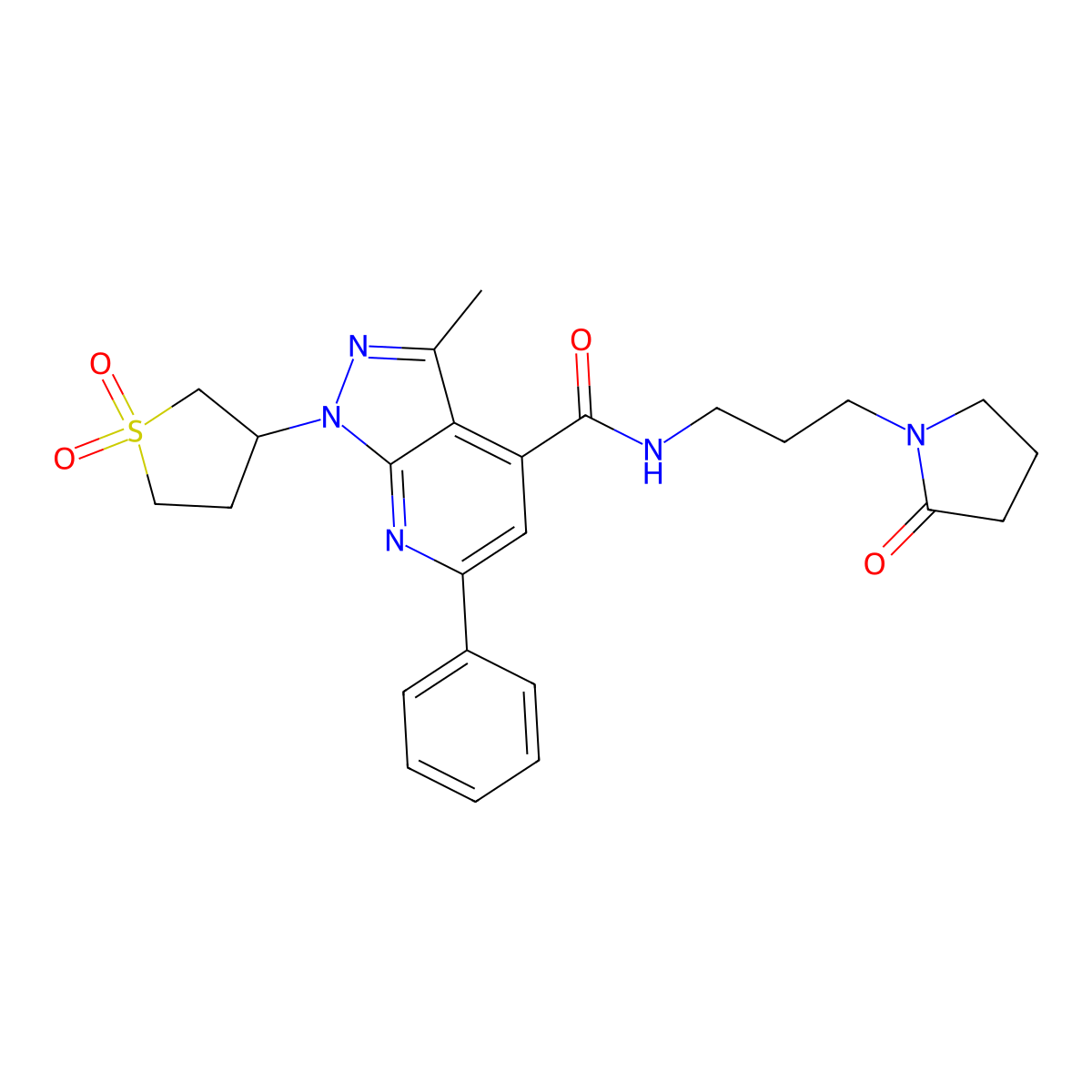 1-(1,1-dioxidotetrahydrothiophen-3-yl)-3-methyl-N-(3-(2-oxopyrrolidin-1-yl)propyl)-6-phenyl-1H-pyrazolo[3,4-b]pyridine-4-carboxamide molecular structure, CAS 1021054-99-8