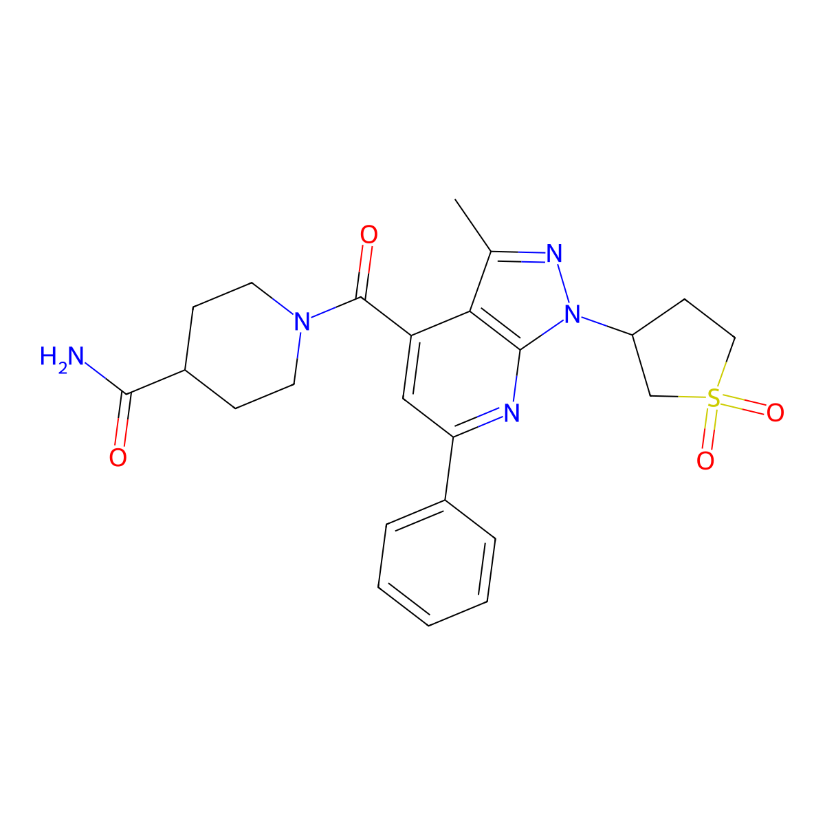 1-(1-(1,1-dioxidotetrahydrothiophen-3-yl)-3-methyl-6-phenyl-1H-pyrazolo[3,4-b]pyridine-4-carbonyl)piperidine-4-carboxamide molecular structure, CAS 1021055-03-7
