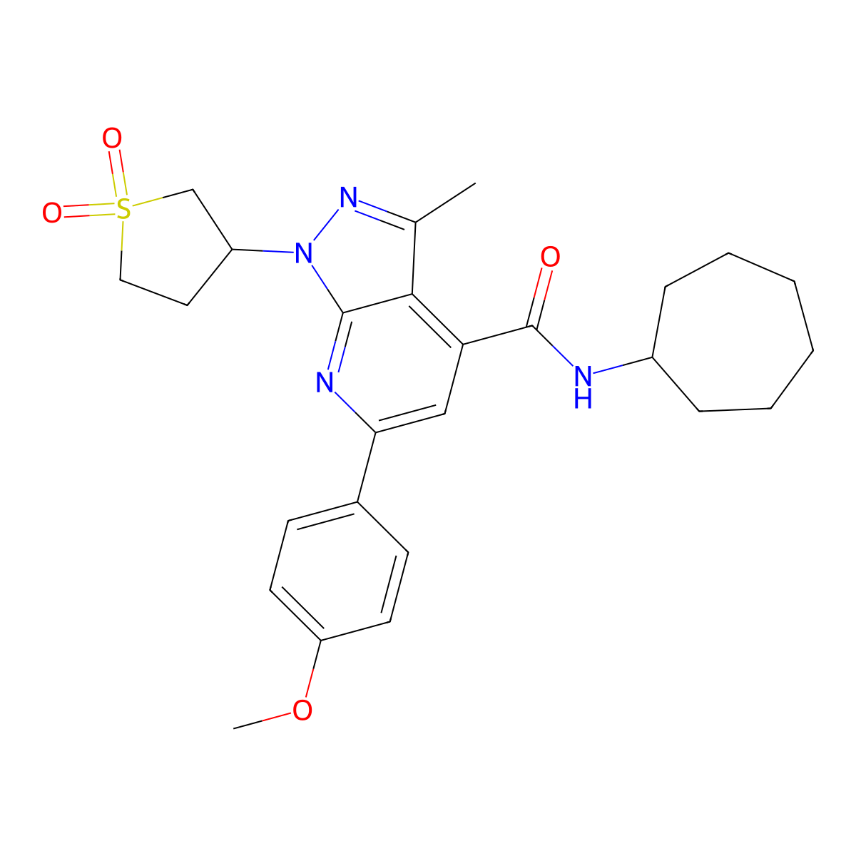 N-cycloheptyl-1-(1,1-dioxidotetrahydrothiophen-3-yl)-6-(4-methoxyphenyl)-3-methyl-1H-pyrazolo[3,4-b]pyridine-4-carboxamide molecular structure, CAS 1021055-07-1