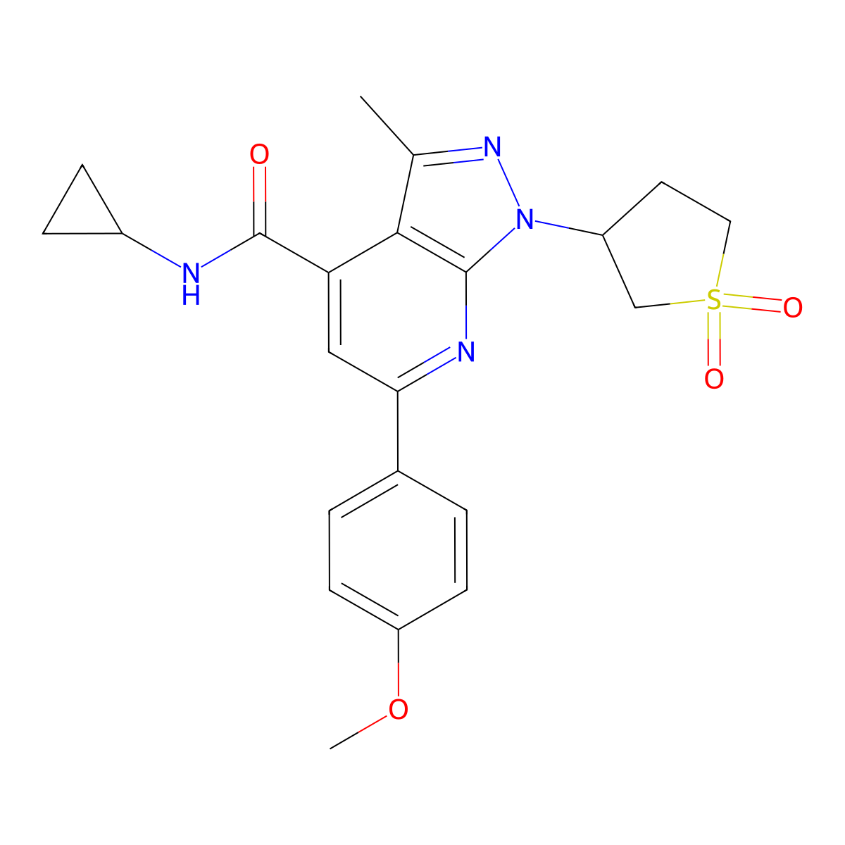 N-cyclopropyl-1-(1,1-dioxidotetrahydrothiophen-3-yl)-6-(4-methoxyphenyl)-3-methyl-1H-pyrazolo[3,4-b]pyridine-4-carboxamide molecular structure, CAS 1021055-09-3