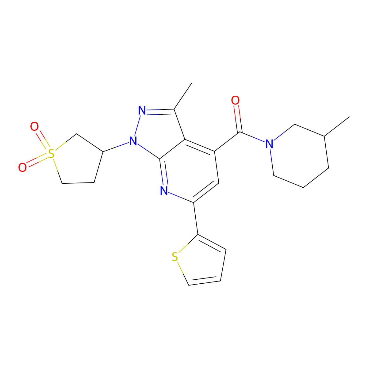 (1-(1,1-dioxidotetrahydrothiophen-3-yl)-3-methyl-6-(thiophen-2-yl)-1H-pyrazolo[3,4-b]pyridin-4-yl)(3-methylpiperidin-1-yl)methanone molecular structure, CAS 1021055-11-7