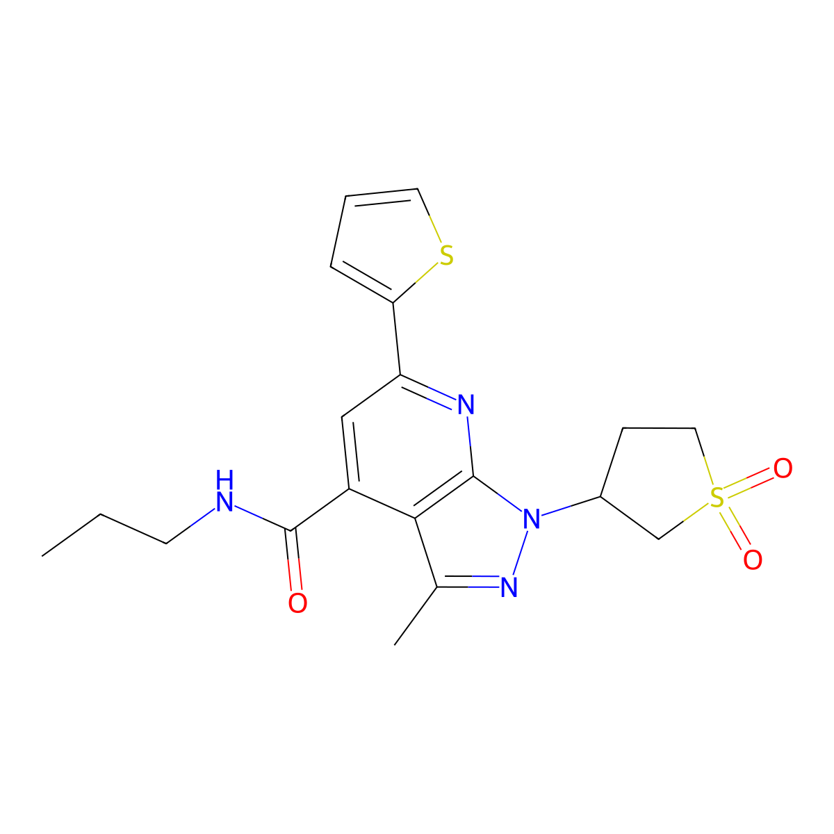 1-(1,1-dioxidotetrahydrothiophen-3-yl)-3-methyl-N-propyl-6-(thiophen-2-yl)-1H-pyrazolo[3,4-b]pyridine-4-carboxamide molecular structure, CAS 1021055-13-9