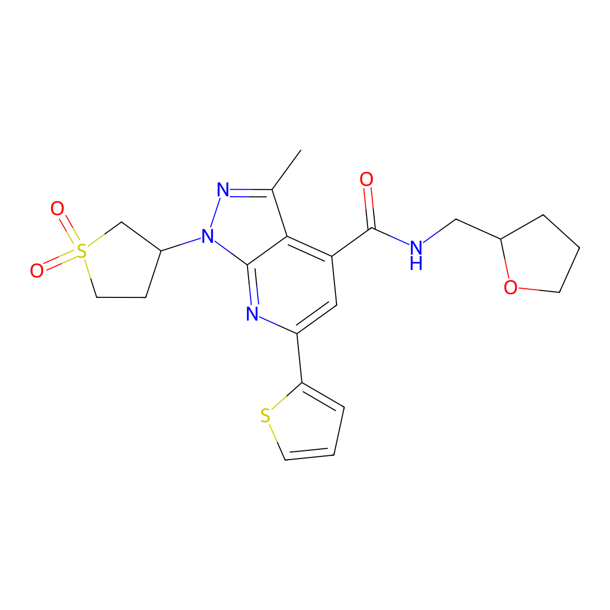 1-(1,1-dioxidotetrahydrothiophen-3-yl)-3-methyl-N-((tetrahydrofuran-2-yl)methyl)-6-(thiophen-2-yl)-1H-pyrazolo[3,4-b]pyridine-4-carboxamide molecular structure, CAS 1021055-17-3
