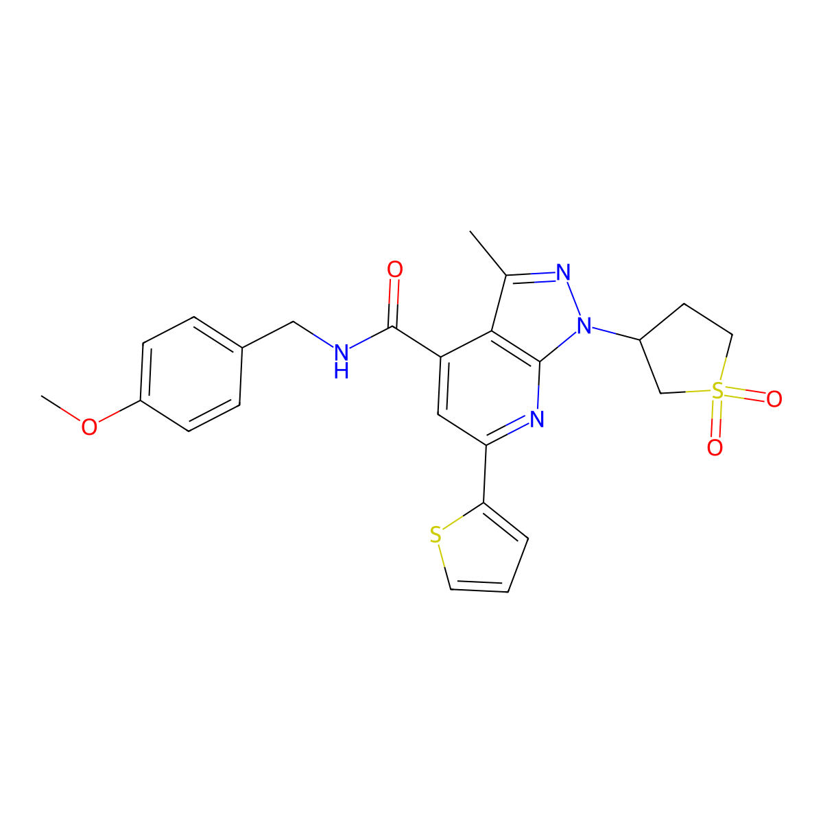 1-(1,1-dioxidotetrahydrothiophen-3-yl)-N-(4-methoxybenzyl)-3-methyl-6-(thiophen-2-yl)-1H-pyrazolo[3,4-b]pyridine-4-carboxamide molecular structure, CAS 1021055-19-5