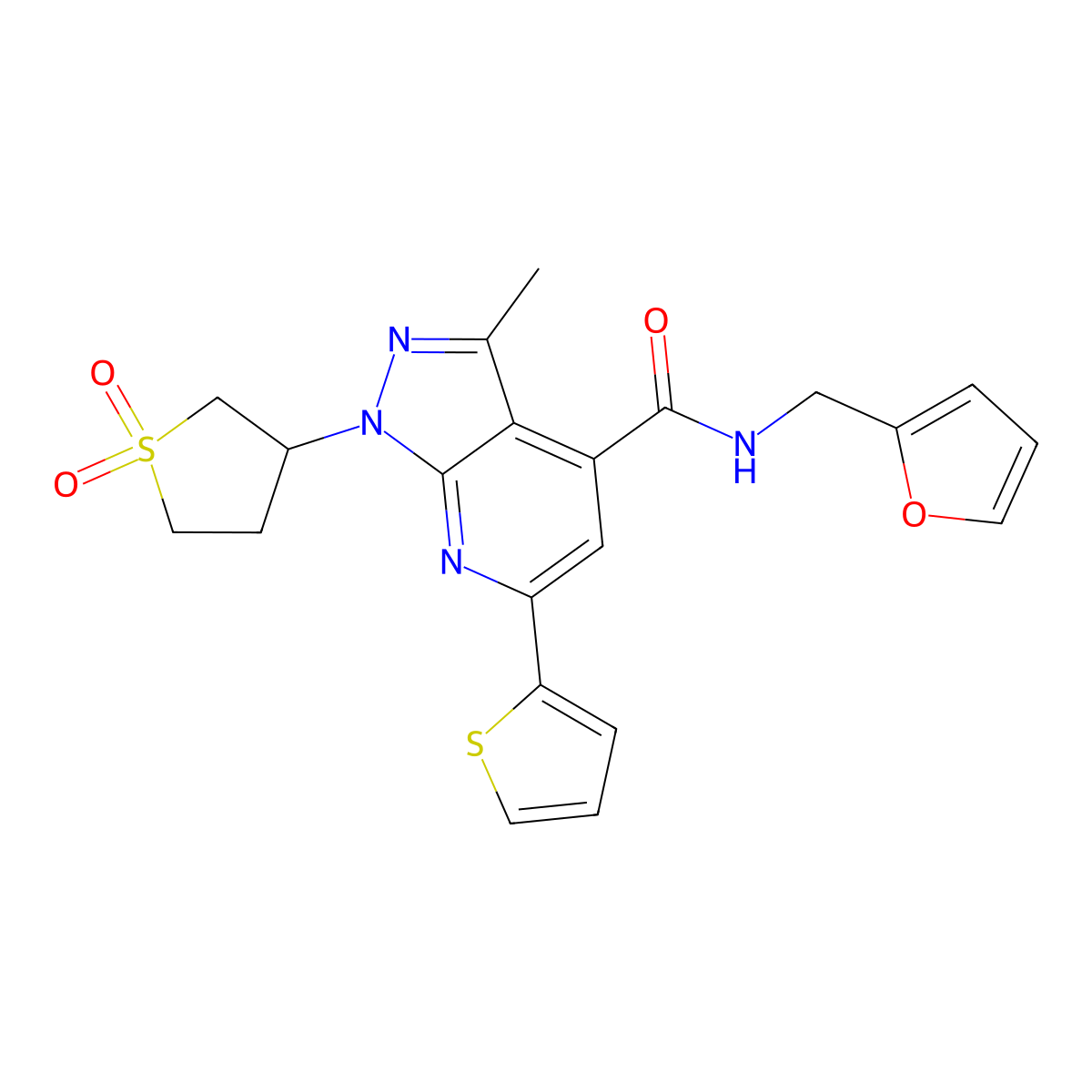 1-(1,1-dioxidotetrahydrothiophen-3-yl)-N-(furan-2-ylmethyl)-3-methyl-6-(thiophen-2-yl)-1H-pyrazolo[3,4-b]pyridine-4-carboxamide molecular structure, CAS 1021055-21-9