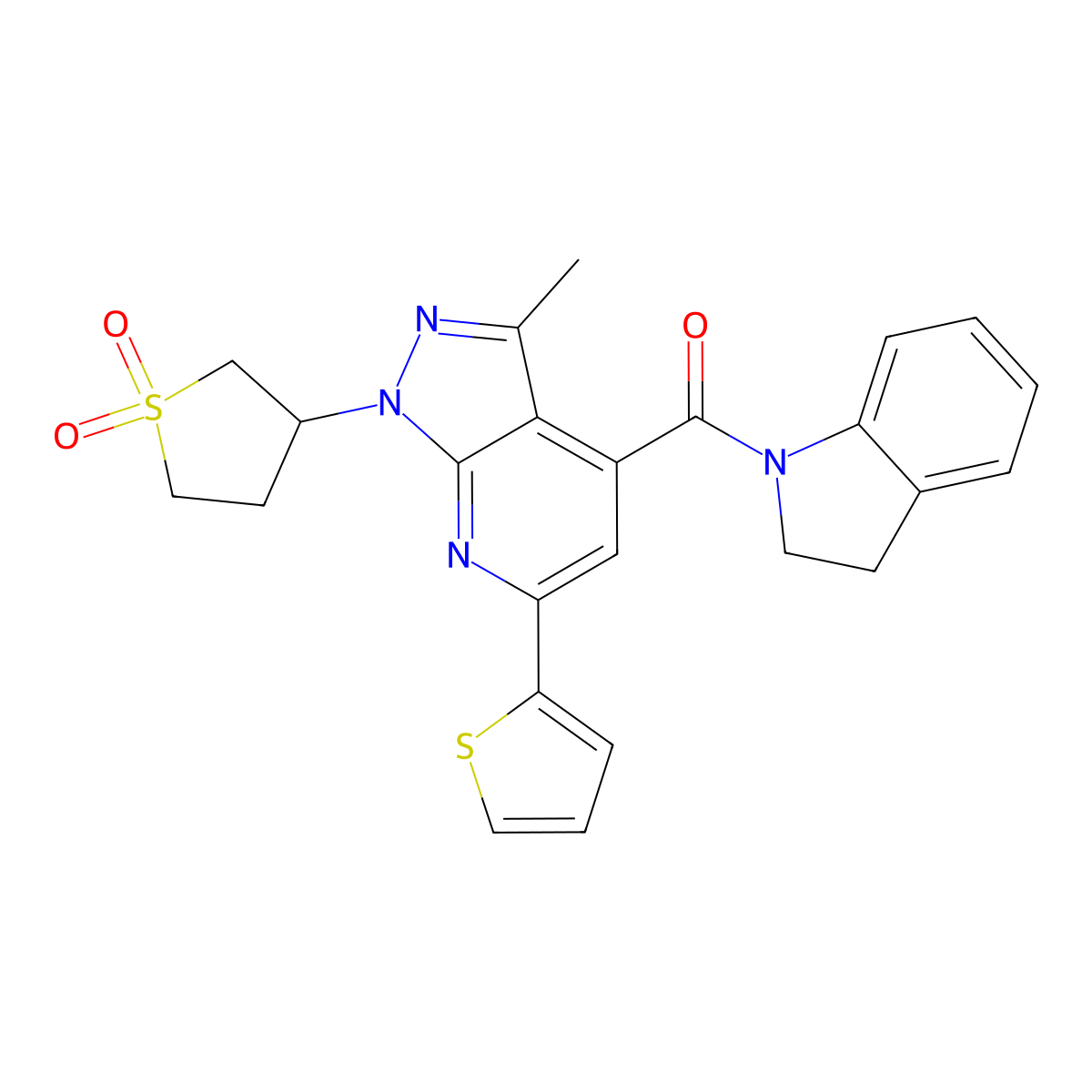 (1-(1,1-dioxidotetrahydrothiophen-3-yl)-3-methyl-6-(thiophen-2-yl)-1H-pyrazolo[3,4-b]pyridin-4-yl)(indolin-1-yl)methanone molecular structure, CAS 1021055-24-2