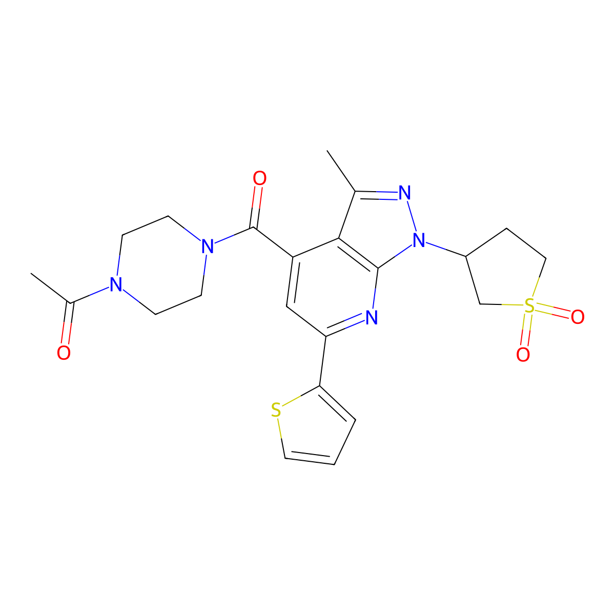 1-(4-(1-(1,1-dioxidotetrahydrothiophen-3-yl)-3-methyl-6-(thiophen-2-yl)-1H-pyrazolo[3,4-b]pyridine-4-carbonyl)piperazin-1-yl)ethanone molecular structure, CAS 1021055-27-5
