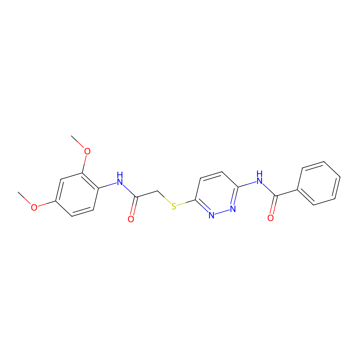 N-(6-((2-((2,4-dimethoxyphenyl)amino)-2-oxoethyl)thio)pyridazin-3-yl)benzamide molecular structure, CAS 1021055-54-8