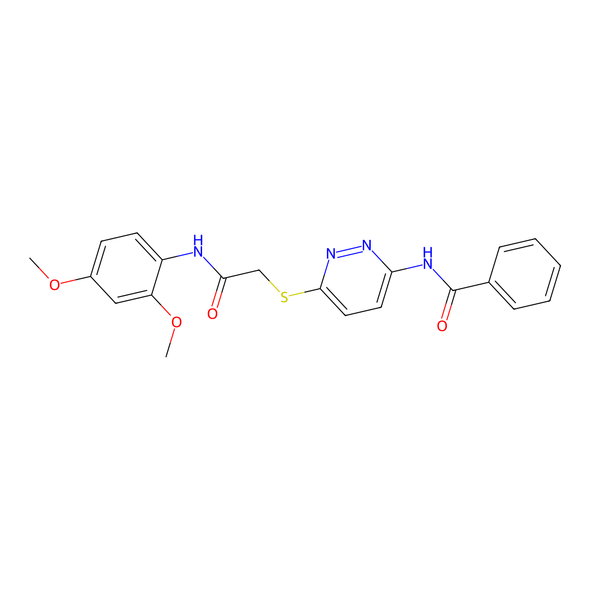 N-(6-((2-((2,4-dimethoxyphenyl)amino)-2-oxoethyl)thio)pyridazin-3-yl)benzamide molecular structure, CAS 1021055-54-8