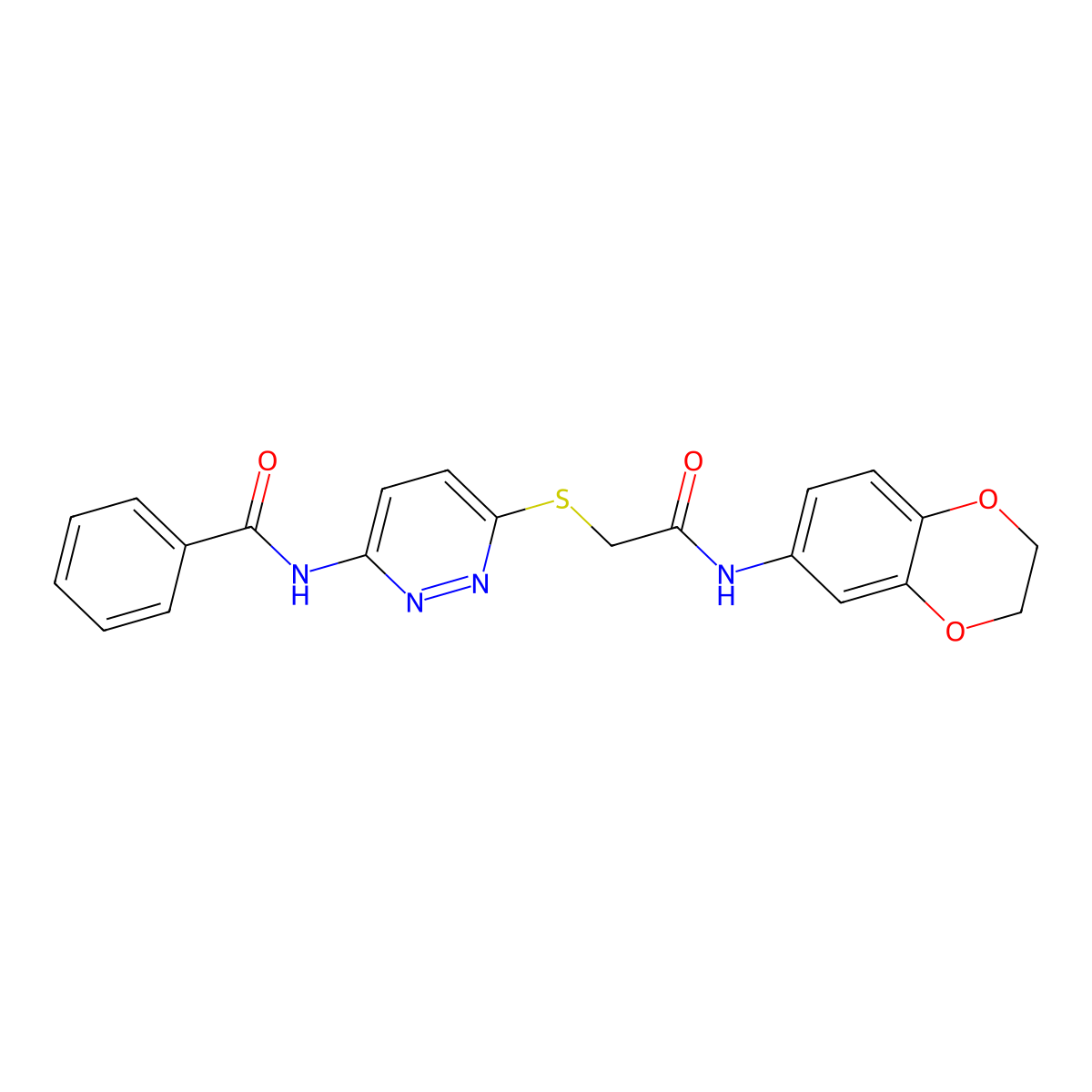 N-(6-((2-((2,3-dihydrobenzo[b][1,4]dioxin-6-yl)amino)-2-oxoethyl)thio)pyridazin-3-yl)benzamide molecular structure, CAS 1021055-57-1
