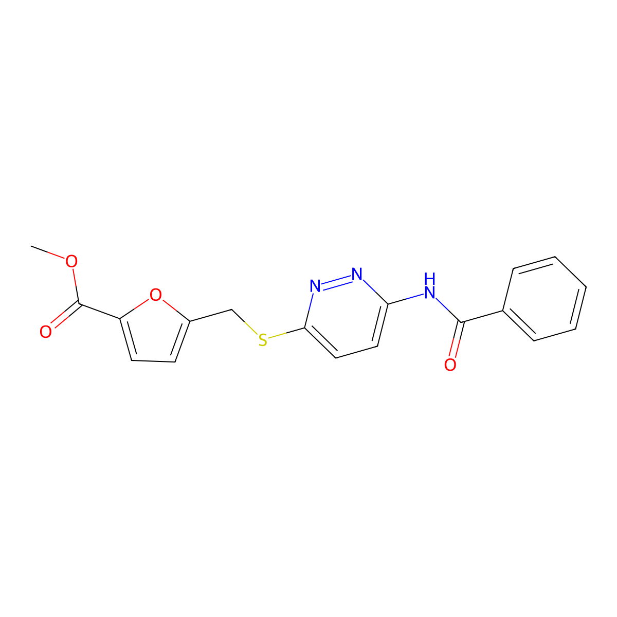 Methyl 5-(((6-benzamidopyridazin-3-yl)thio)methyl)furan-2-carboxylate molecular structure, CAS 1021055-63-9