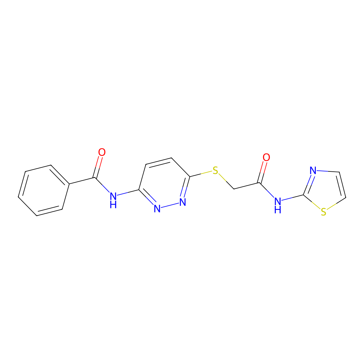 N-(6-((2-oxo-2-(thiazol-2-ylamino)ethyl)thio)pyridazin-3-yl)benzamide molecular structure, CAS 1021055-69-5