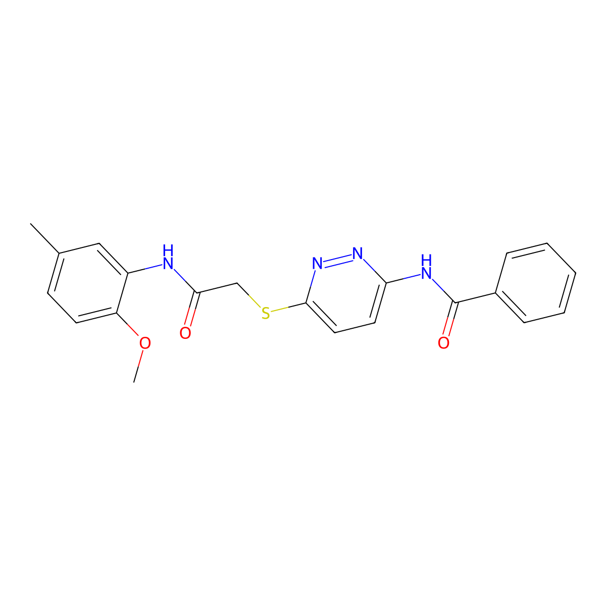 N-(6-((2-((2-methoxy-5-methylphenyl)amino)-2-oxoethyl)thio)pyridazin-3-yl)benzamide molecular structure, CAS 1021055-75-3