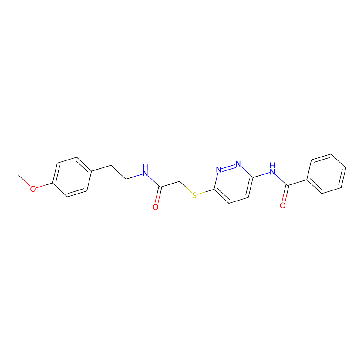 N-(6-((2-((4-methoxyphenethyl)amino)-2-oxoethyl)thio)pyridazin-3-yl)benzamide molecular structure, CAS 1021055-78-6