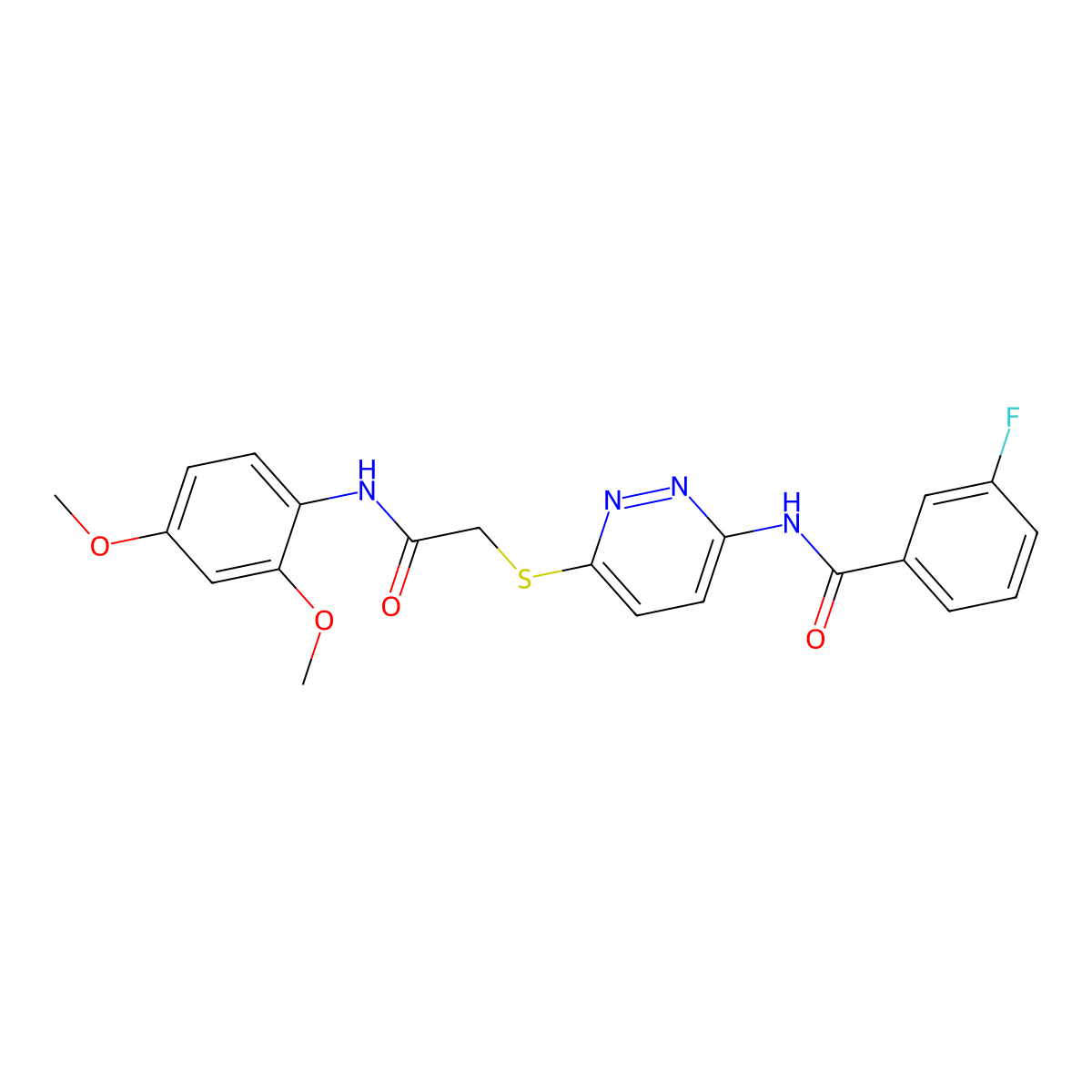 N-(6-((2-((2,4-dimethoxyphenyl)amino)-2-oxoethyl)thio)pyridazin-3-yl)-3-fluorobenzamide molecular structure, CAS 1021055-90-2
