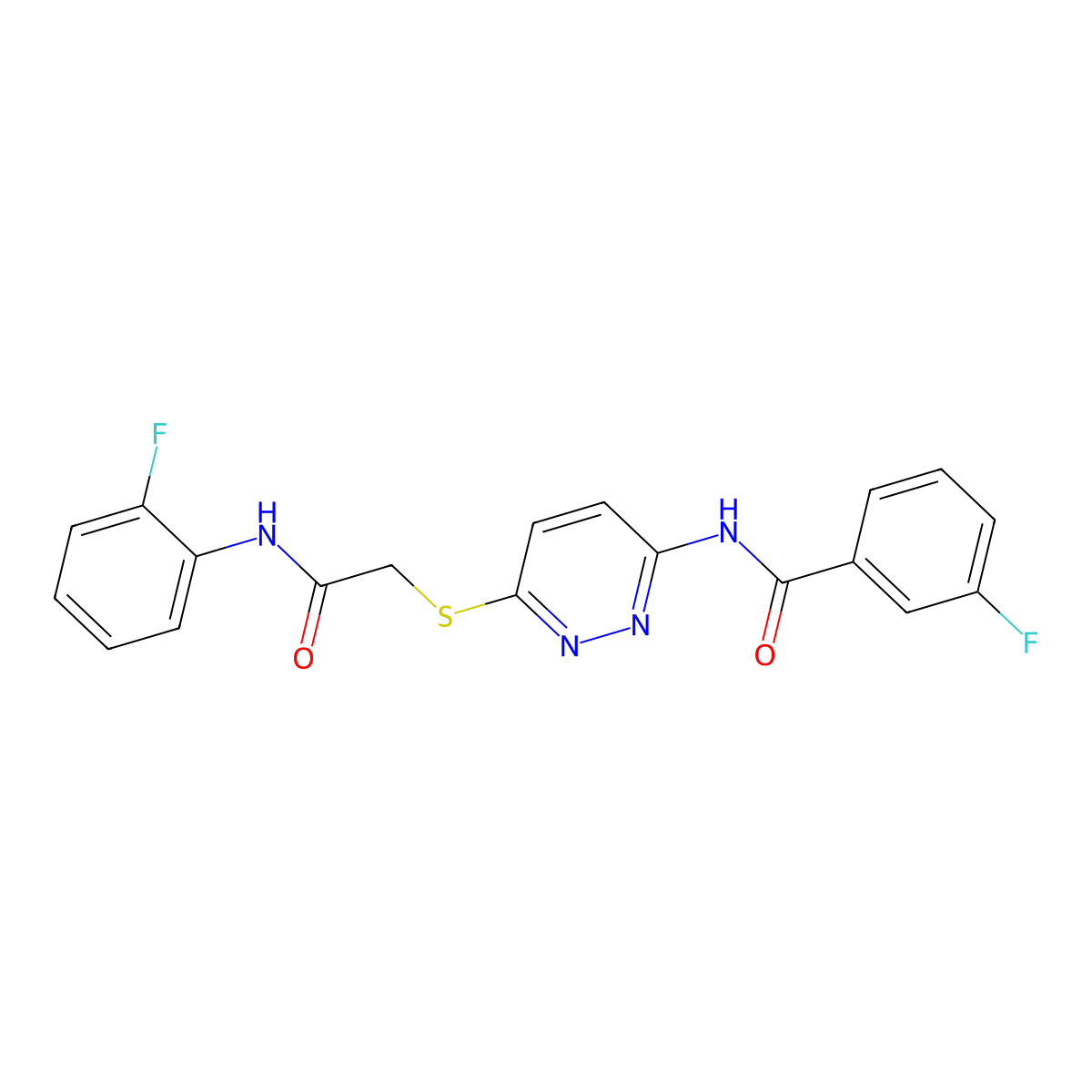 3-fluoro-N-(6-((2-((2-fluorophenyl)amino)-2-oxoethyl)thio)pyridazin-3-yl)benzamide molecular structure, CAS 1021055-93-5