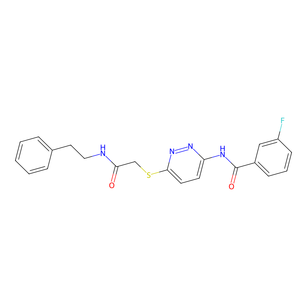 3-fluoro-N-(6-((2-oxo-2-(phenethylamino)ethyl)thio)pyridazin-3-yl)benzamide molecular structure, CAS 1021055-96-8