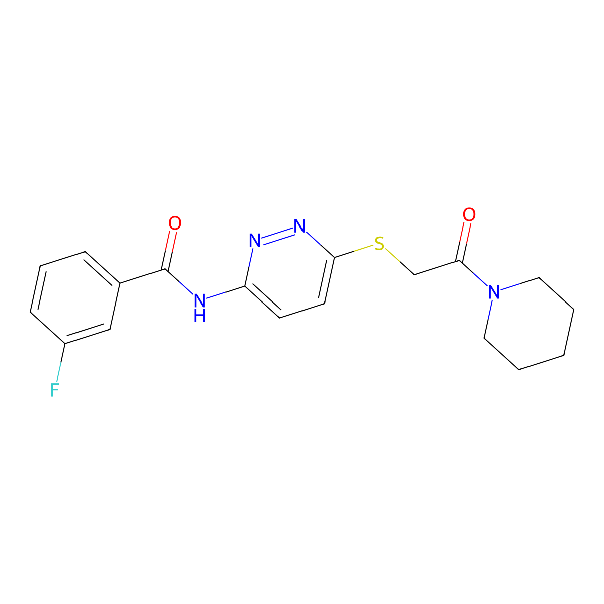3-fluoro-N-(6-((2-oxo-2-(piperidin-1-yl)ethyl)thio)pyridazin-3-yl)benzamide molecular structure, CAS 1021055-99-1