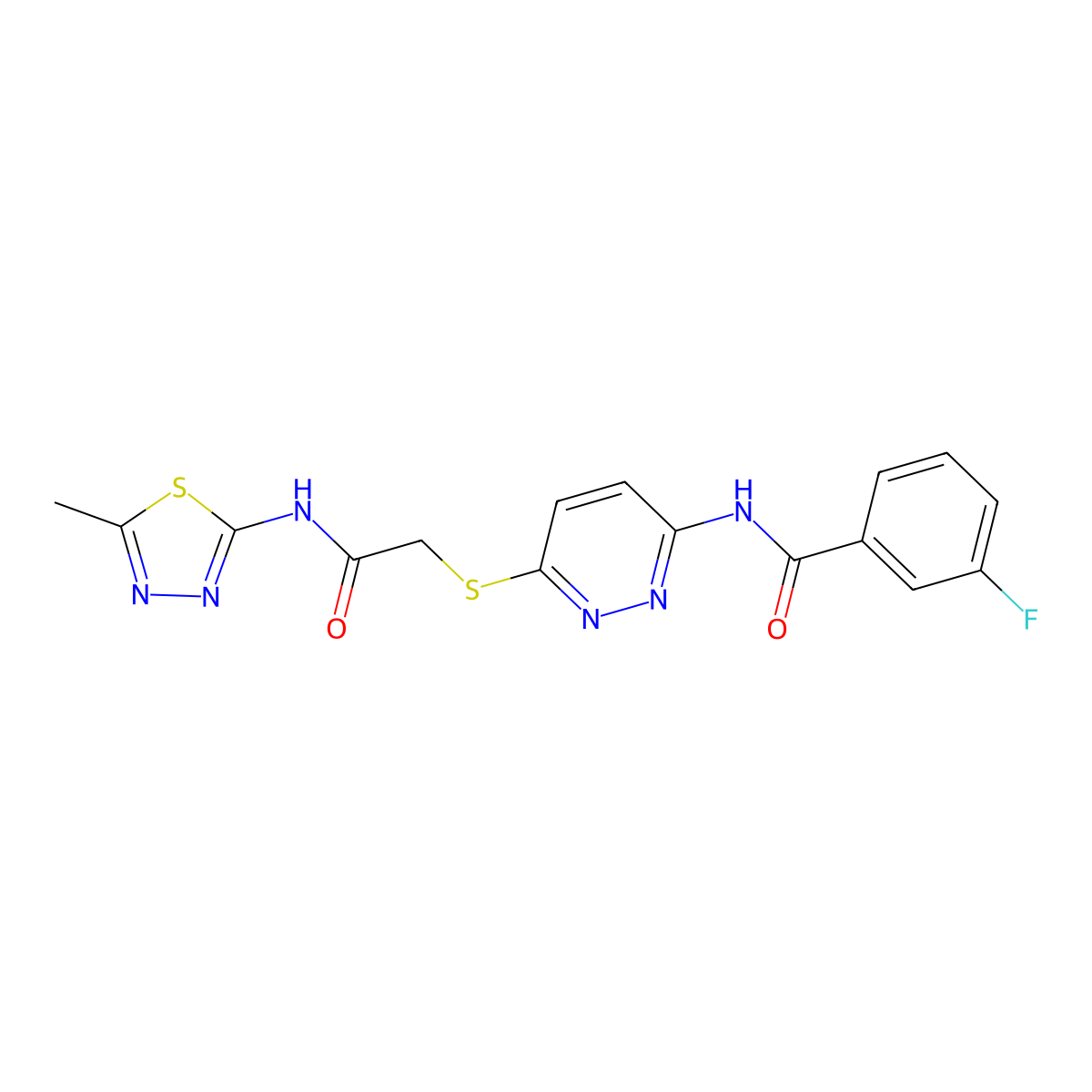 3-fluoro-N-(6-((2-((5-methyl-1,3,4-thiadiazol-2-yl)amino)-2-oxoethyl)thio)pyridazin-3-yl)benzamide molecular structure, CAS 1021056-02-9