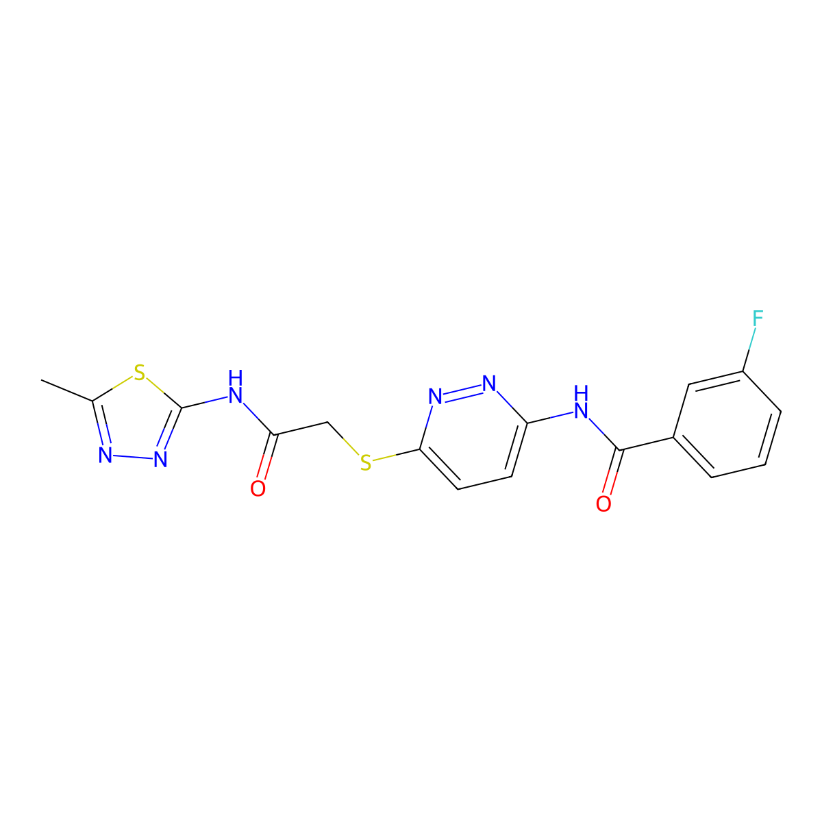 3-fluoro-N-(6-((2-((5-methyl-1,3,4-thiadiazol-2-yl)amino)-2-oxoethyl)thio)pyridazin-3-yl)benzamide molecular structure, CAS 1021056-02-9