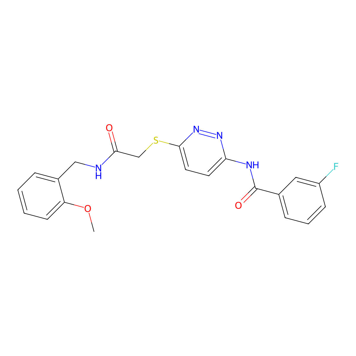 3-fluoro-N-(6-((2-((2-methoxybenzyl)amino)-2-oxoethyl)thio)pyridazin-3-yl)benzamide molecular structure, CAS 1021056-04-1