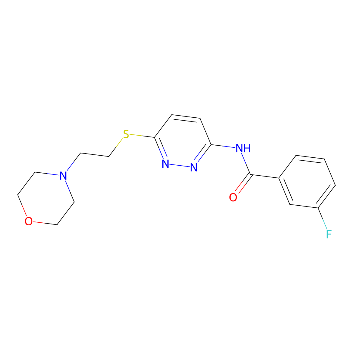 3-fluoro-N-(6-((2-morpholinoethyl)thio)pyridazin-3-yl)benzamide molecular structure, CAS 1021056-08-5