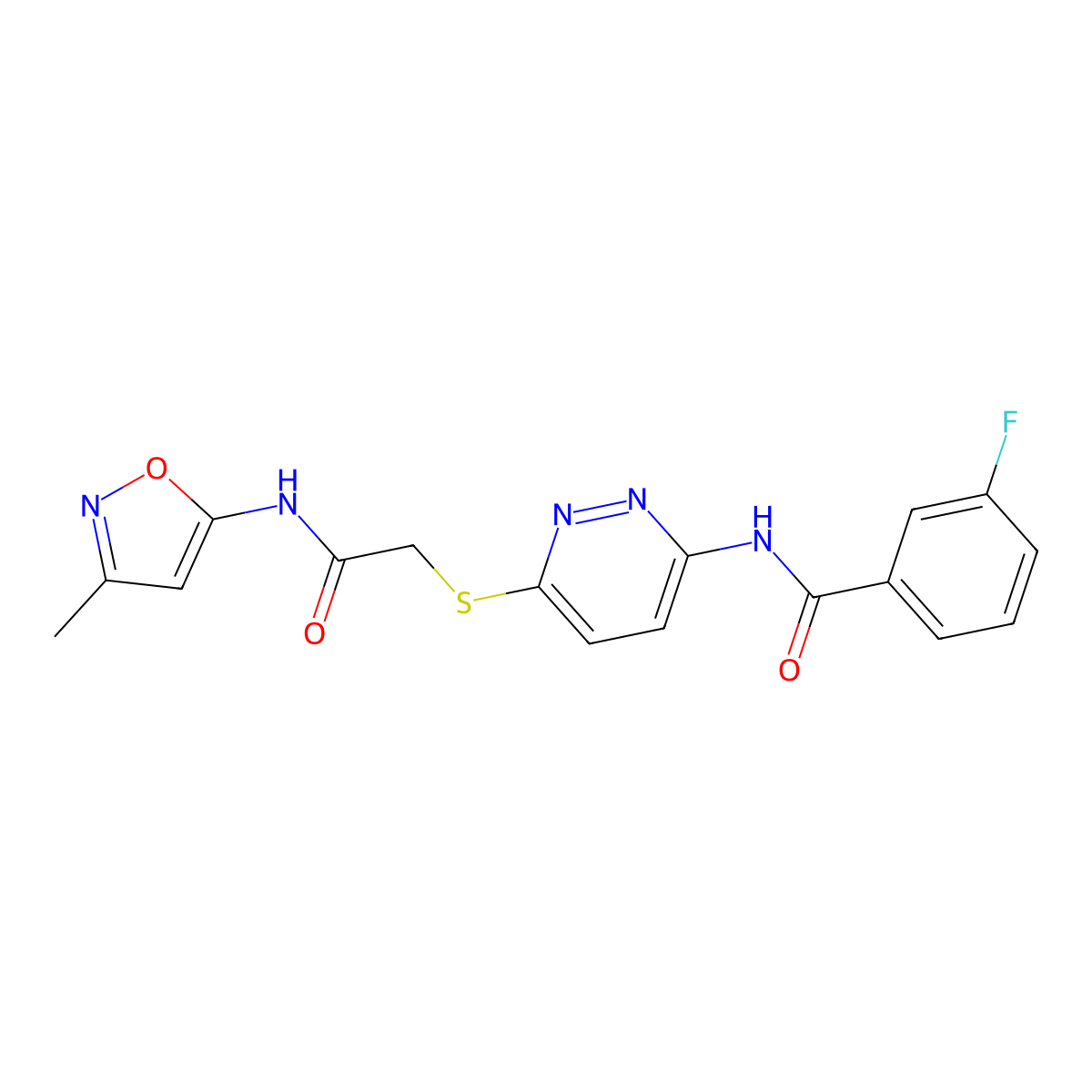 3-fluoro-N-(6-((2-((3-methylisoxazol-5-yl)amino)-2-oxoethyl)thio)pyridazin-3-yl)benzamide molecular structure, CAS 1021056-12-1