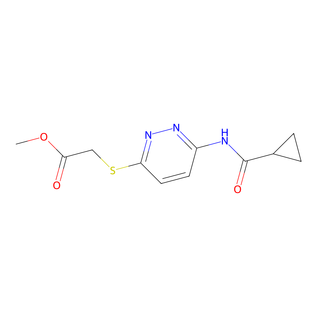 Methyl 2-((6-(cyclopropanecarboxamido)pyridazin-3-yl)thio)acetate molecular structure, CAS 1021056-16-5