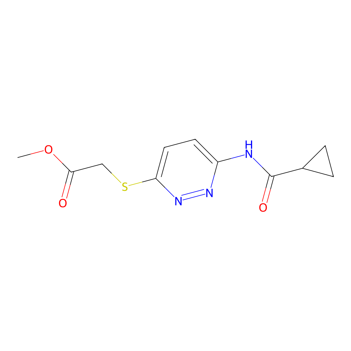 Methyl 2-((6-(cyclopropanecarboxamido)pyridazin-3-yl)thio)acetate molecular structure, CAS 1021056-16-5